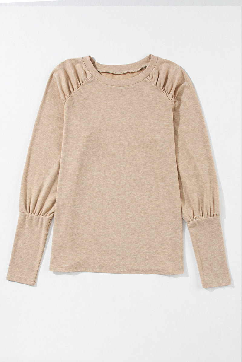 Load image into Gallery viewer, DLLS28 - Pale Khaki Solid Ruched Raglan Sleeve Knit Top
