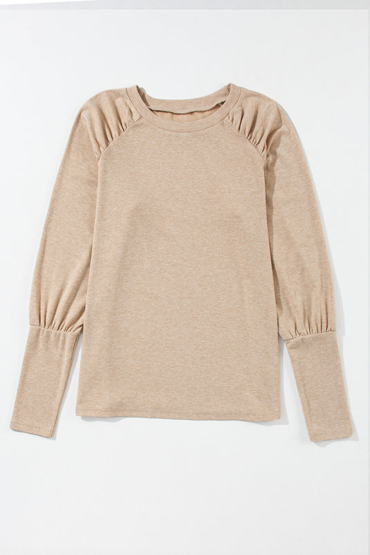 DLLS28 - Pale Khaki Solid Ruched Raglan Sleeve Knit Top