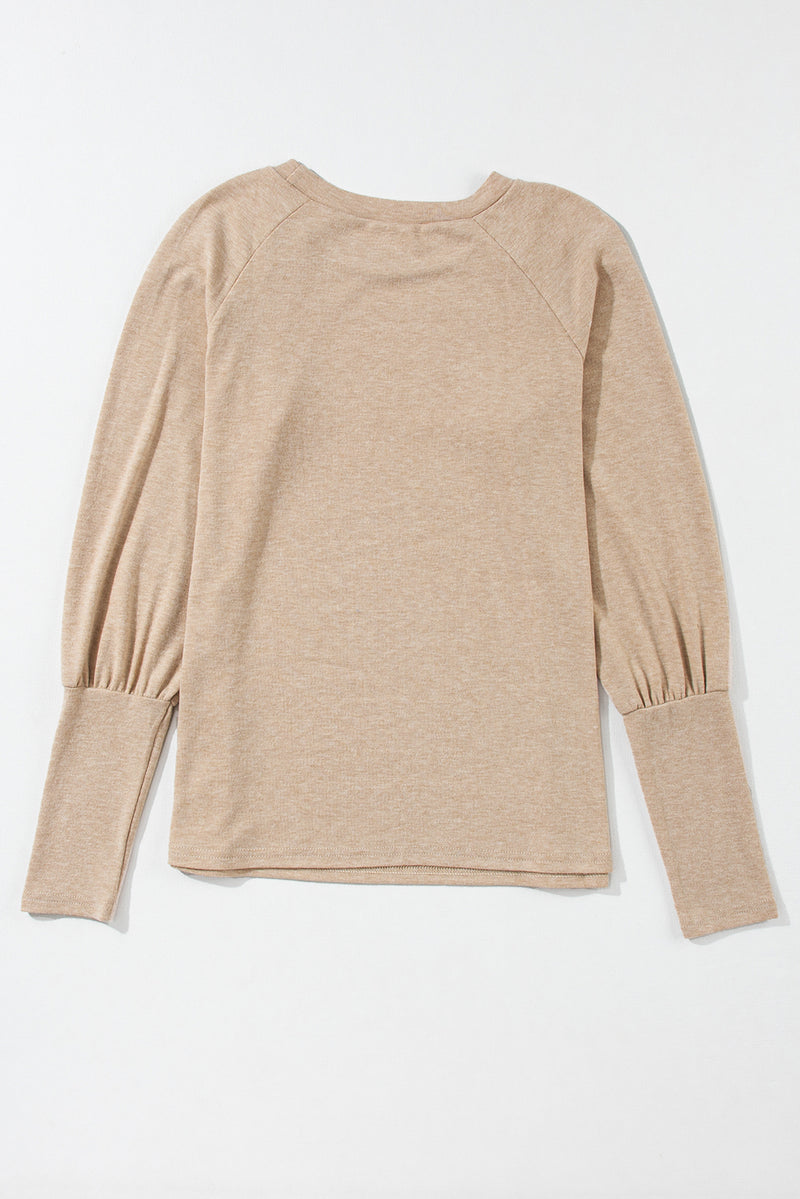 Load image into Gallery viewer, DLLS28 - Pale Khaki Solid Ruched Raglan Sleeve Knit Top
