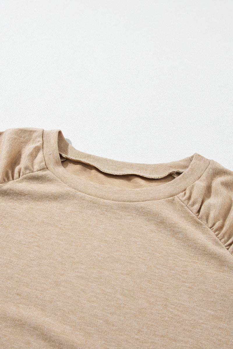 Load image into Gallery viewer, DLLS28 - Pale Khaki Solid Ruched Raglan Sleeve Knit Top

