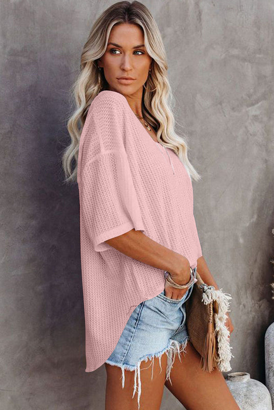 DLLS8 - Light Pink Waffle Texture Ribbed V Neck Drop Shoulder Loose Tee
