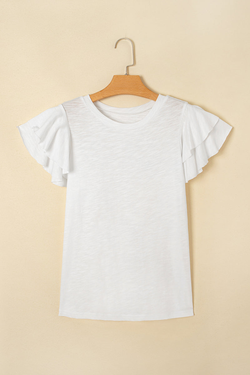 Load image into Gallery viewer, DLLS78 - White Layered Ruffle Short Sleeve Round Neck Top
