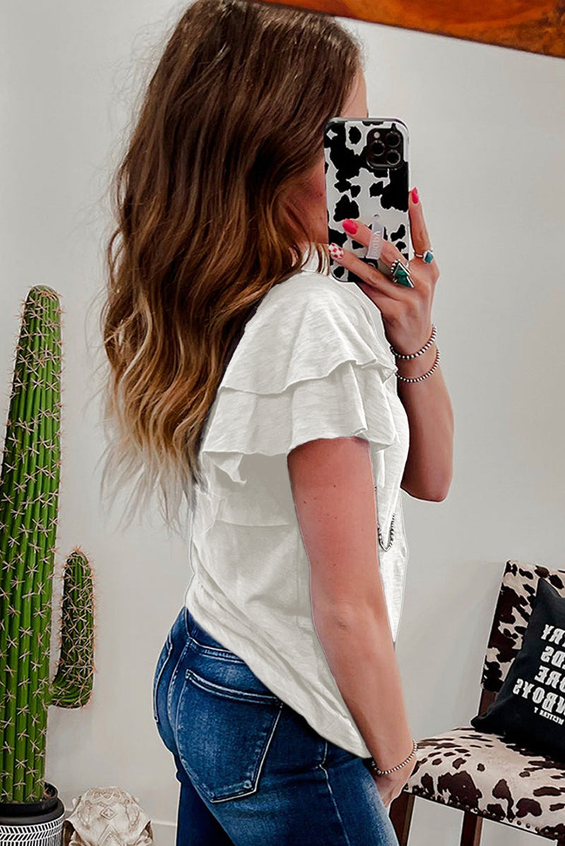 Load image into Gallery viewer, DLLS78 - White Layered Ruffle Short Sleeve Round Neck Top
