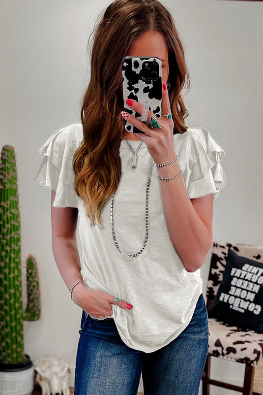DLLS78 - White Layered Ruffle Short Sleeve Round Neck Top