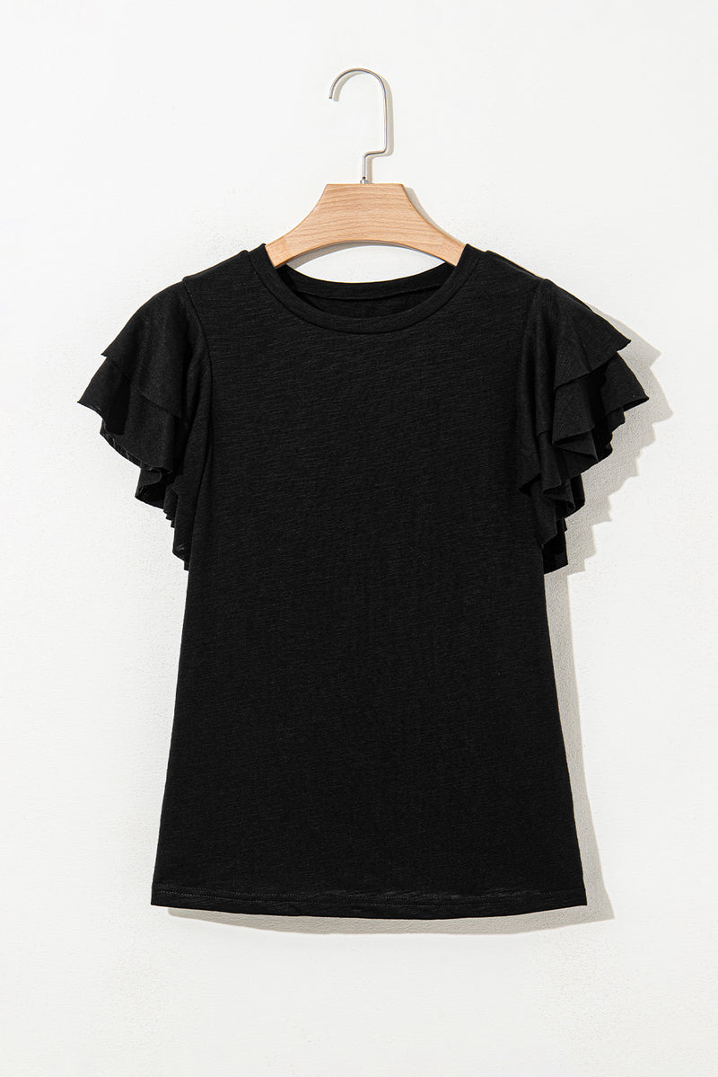 Load image into Gallery viewer, DLLS79 - Black Layered Ruffle Short Sleeve Round Neck Top
