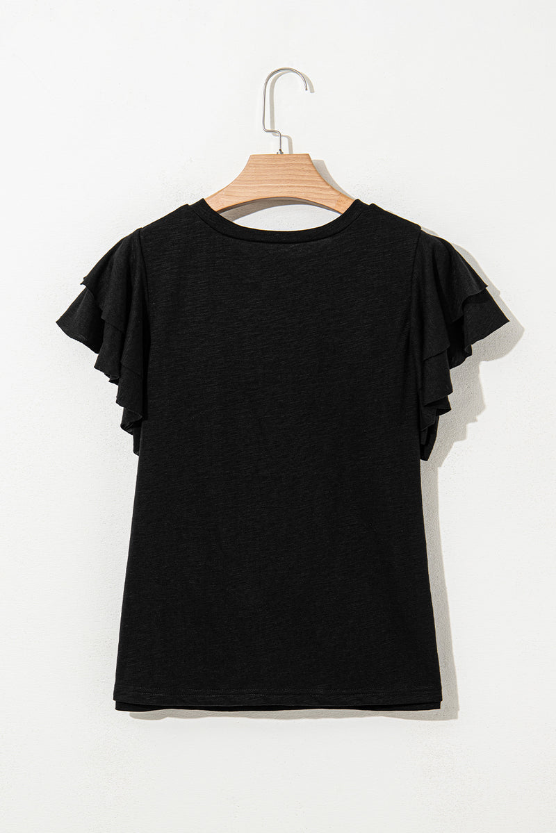 Load image into Gallery viewer, DLLS79 - Black Layered Ruffle Short Sleeve Round Neck Top
