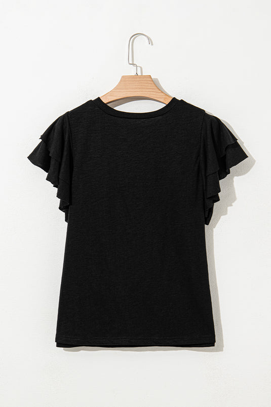 DLLS79 - Black Layered Ruffle Short Sleeve Round Neck Top