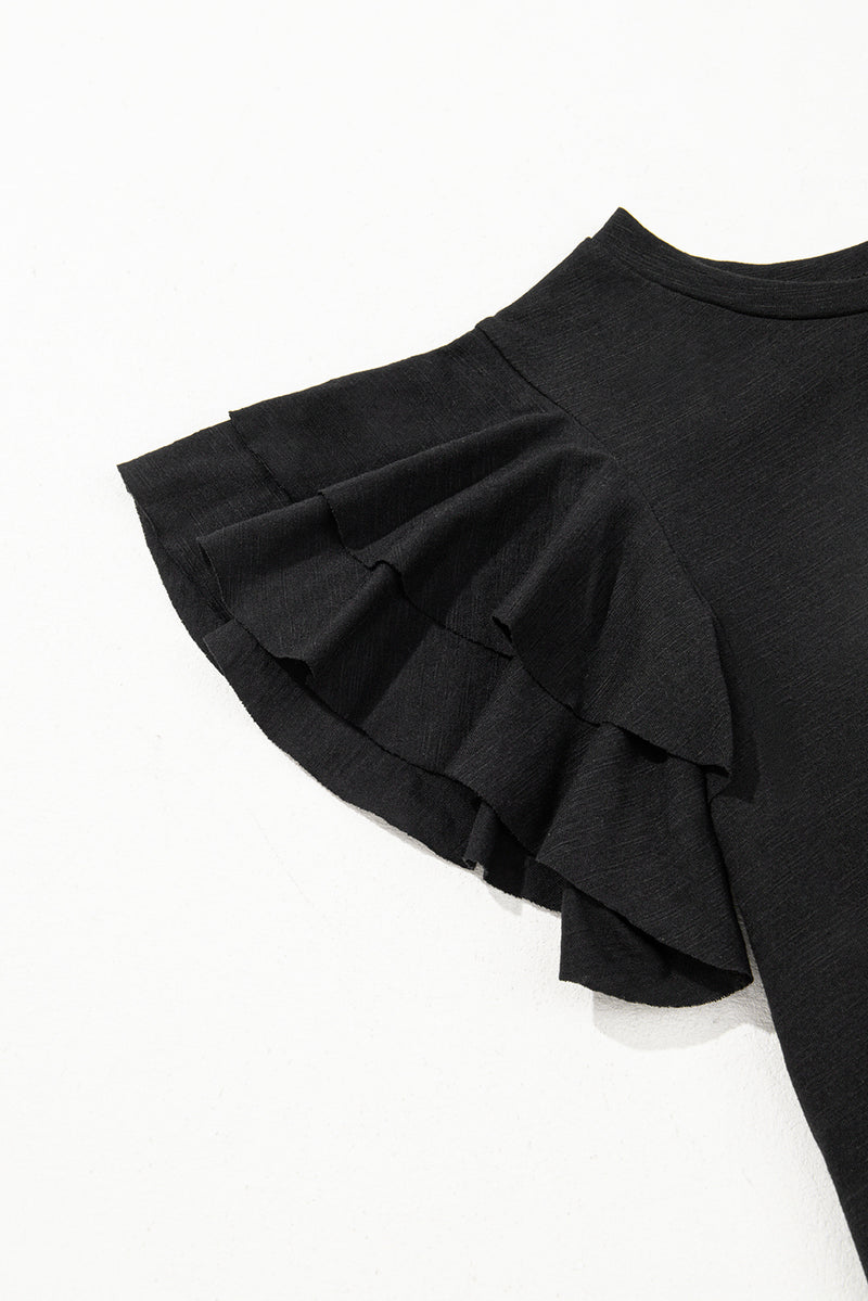 Load image into Gallery viewer, DLLS79 - Black Layered Ruffle Short Sleeve Round Neck Top
