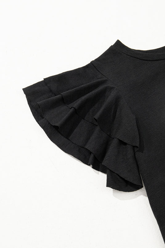 DLLS79 - Black Layered Ruffle Short Sleeve Round Neck Top