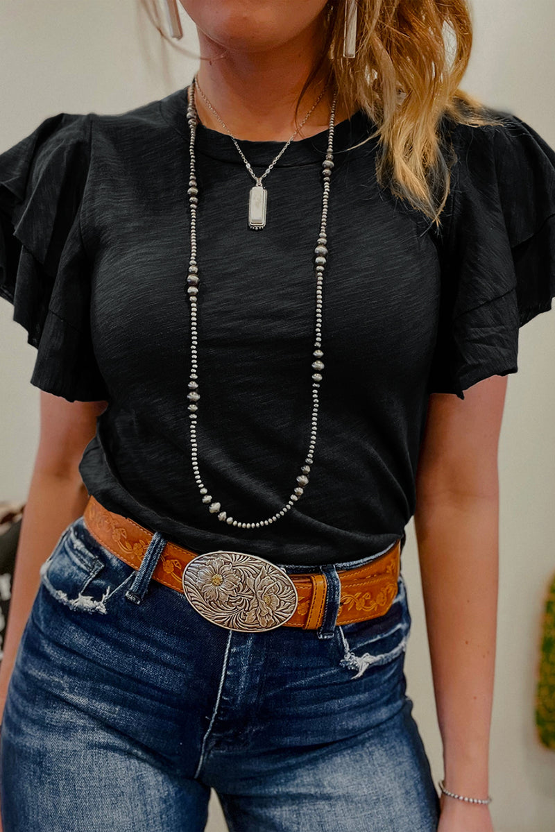 Load image into Gallery viewer, DLLS79 - Black Layered Ruffle Short Sleeve Round Neck Top
