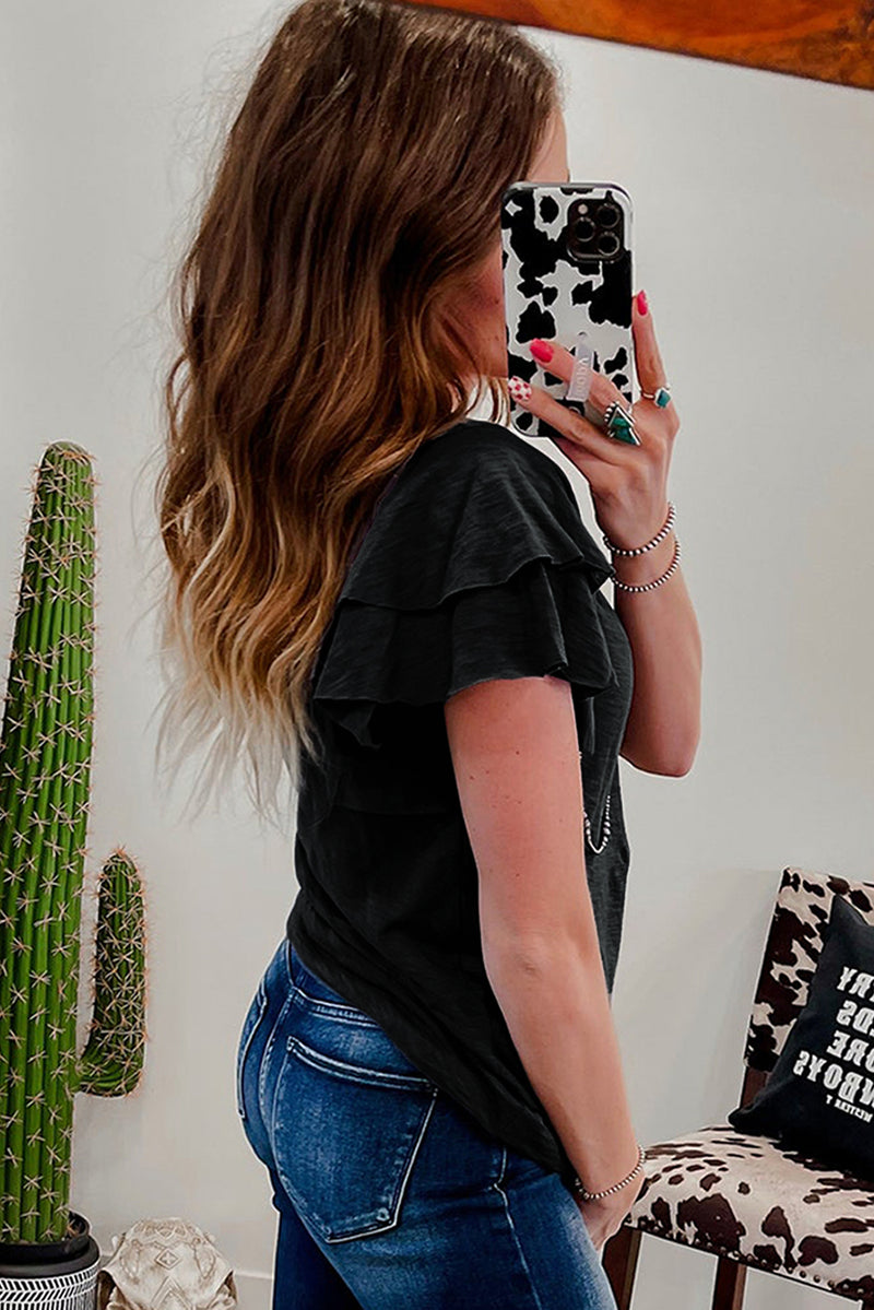 Load image into Gallery viewer, DLLS79 - Black Layered Ruffle Short Sleeve Round Neck Top
