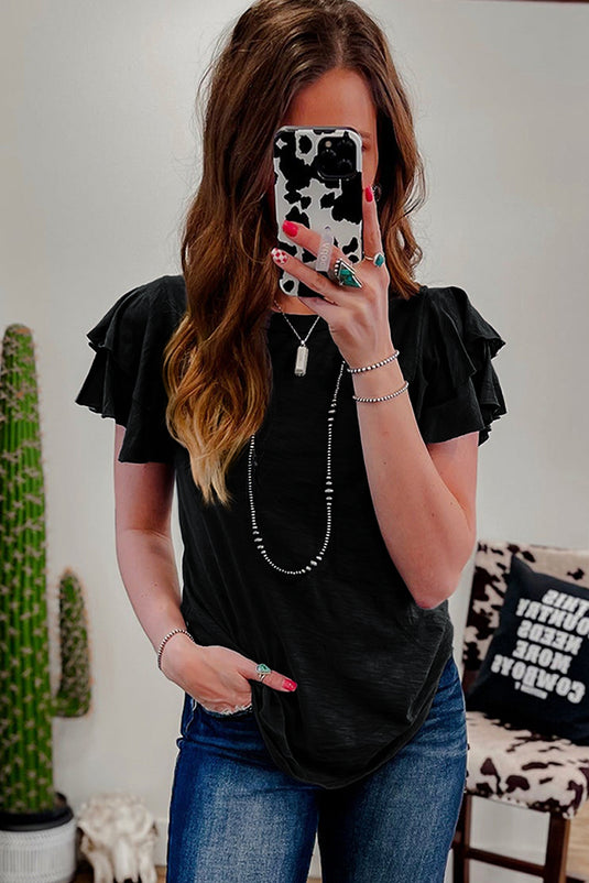 DLLS79 - Black Layered Ruffle Short Sleeve Round Neck Top
