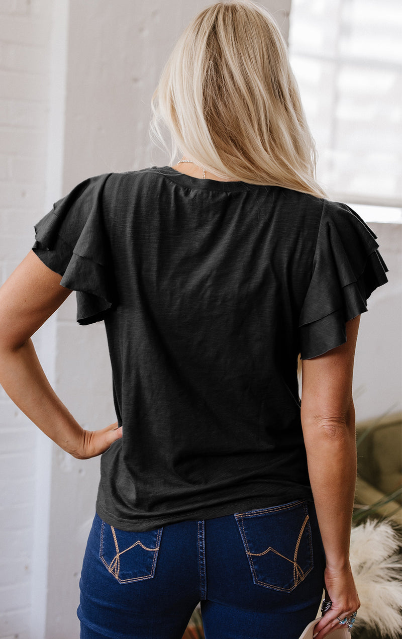 Load image into Gallery viewer, DLLS79 - Black Layered Ruffle Short Sleeve Round Neck Top
