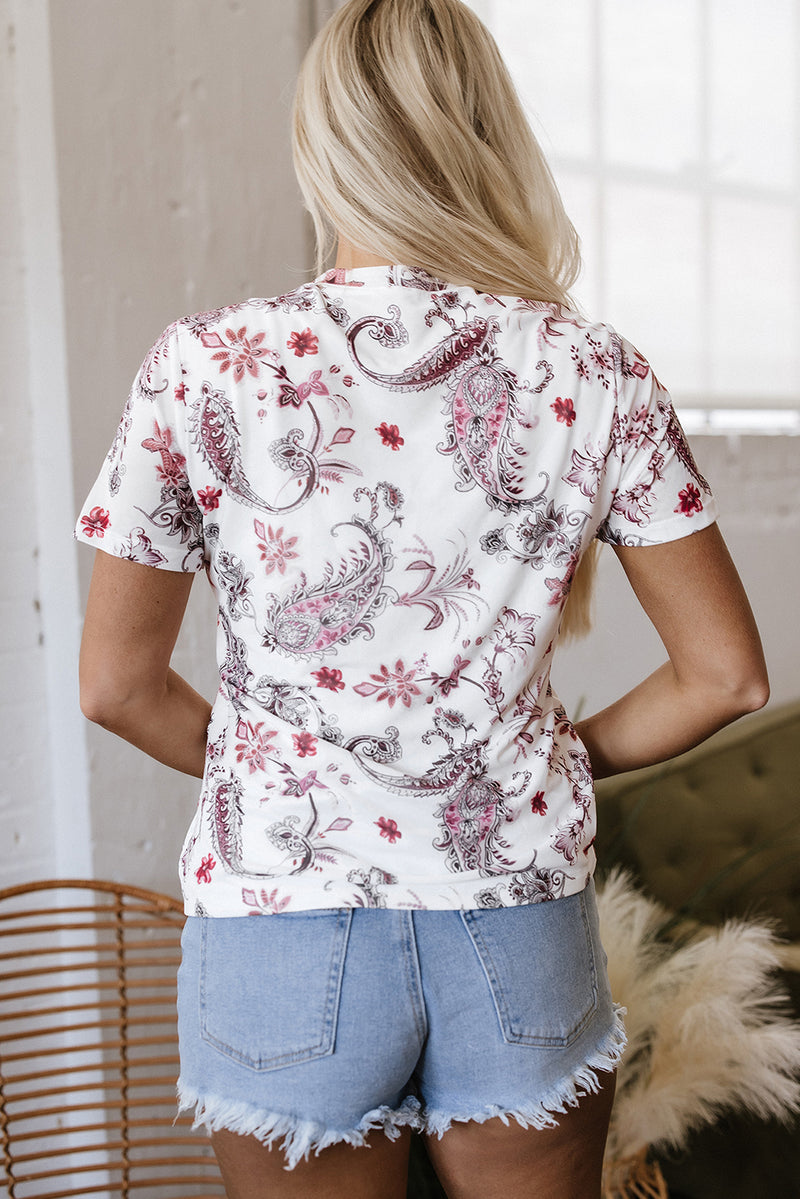 Load image into Gallery viewer, DLLS71 - White Vintage Paisley Mock Neck T Shirt
