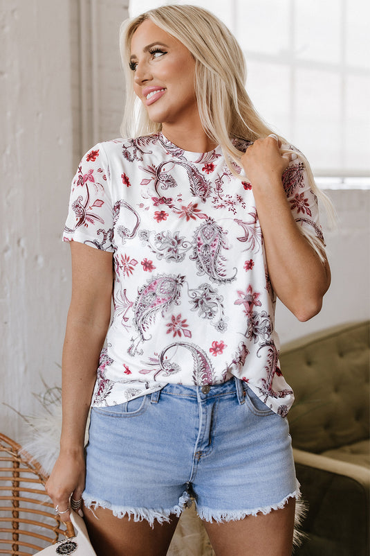 DLLS71 - White Vintage Paisley Mock Neck T Shirt