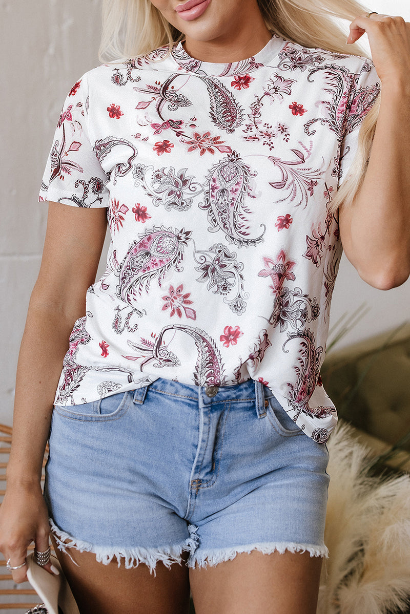 Load image into Gallery viewer, DLLS71 - White Vintage Paisley Mock Neck T Shirt
