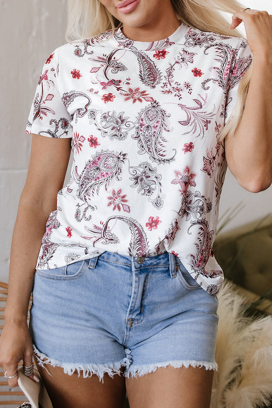 DLLS71 - White Vintage Paisley Mock Neck T Shirt