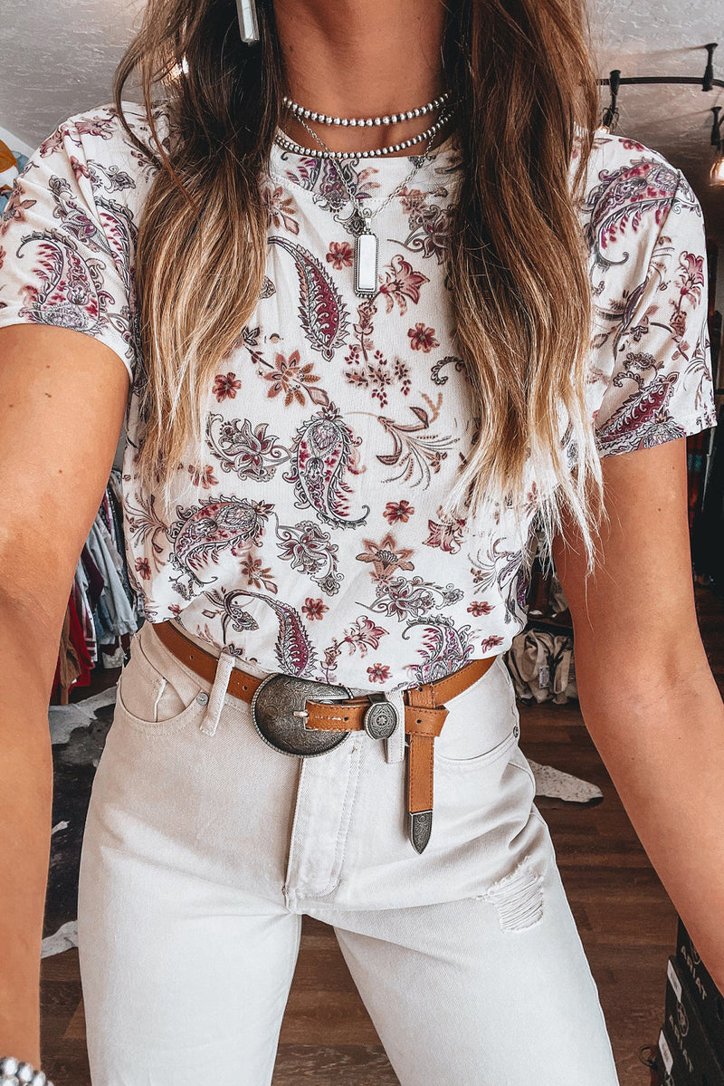 Load image into Gallery viewer, DLLS71 - White Vintage Paisley Mock Neck T Shirt
