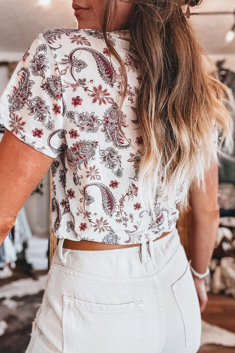 Load image into Gallery viewer, DLLS71 - White Vintage Paisley Mock Neck T Shirt
