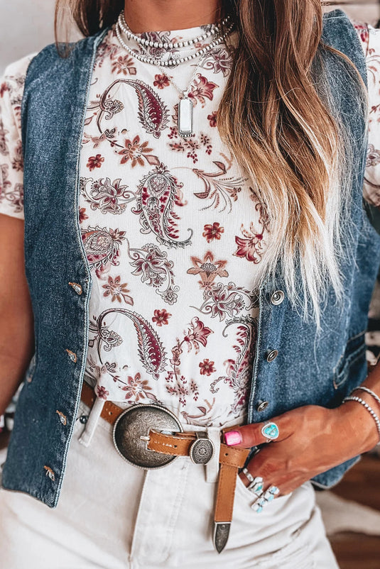 DLLS71 - White Vintage Paisley Mock Neck T Shirt