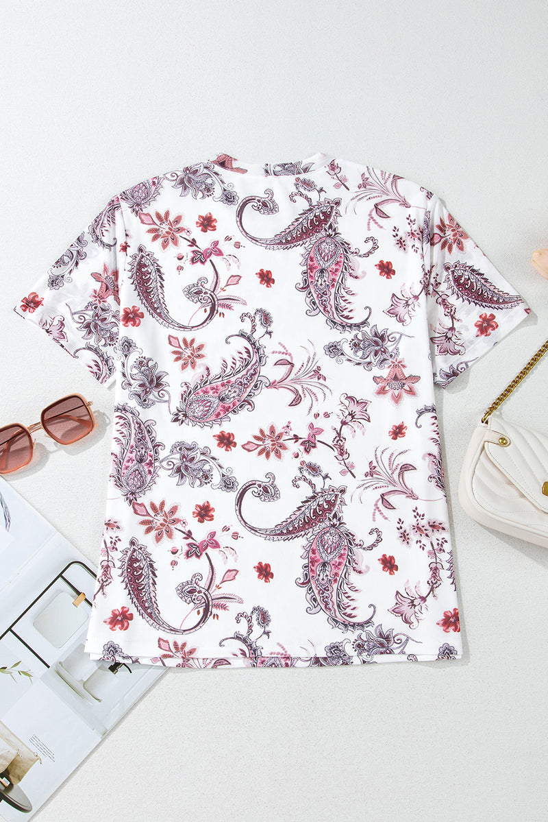 Load image into Gallery viewer, DLLS71 - White Vintage Paisley Mock Neck T Shirt
