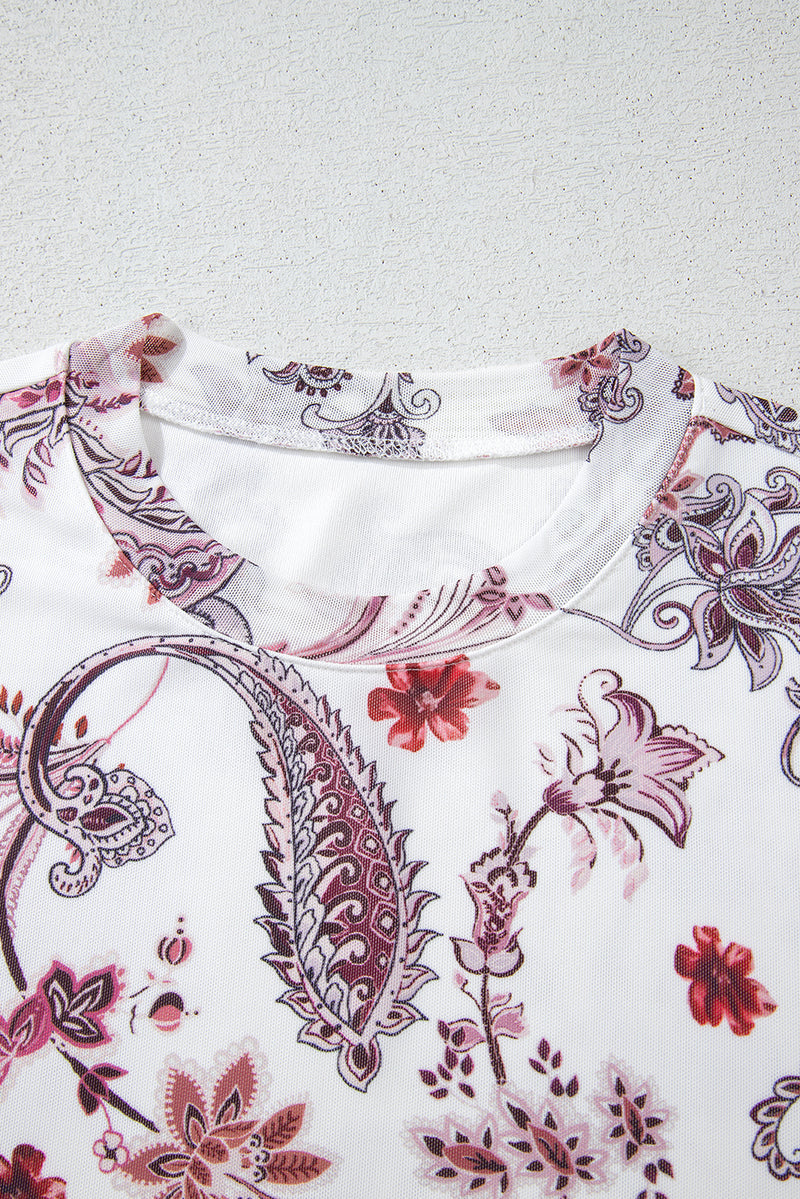 Load image into Gallery viewer, DLLS71 - White Vintage Paisley Mock Neck T Shirt
