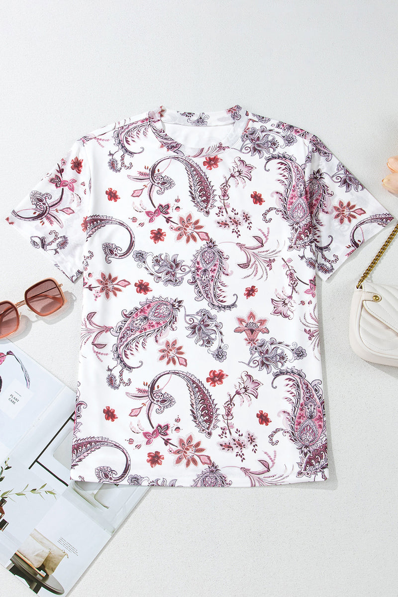 Load image into Gallery viewer, DLLS71 - White Vintage Paisley Mock Neck T Shirt
