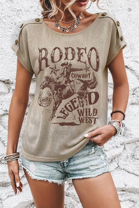 DLLS50 -Smoke Gray RODEO Cowboy Graphic Buttoned Batwing Sleeve T Shirt