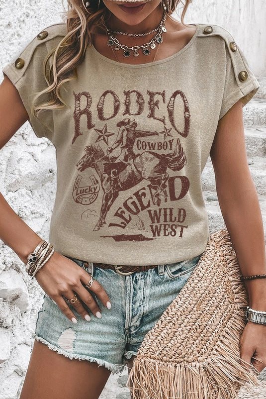 DLLS50 -Smoke Gray RODEO Cowboy Graphic Buttoned Batwing Sleeve T Shirt