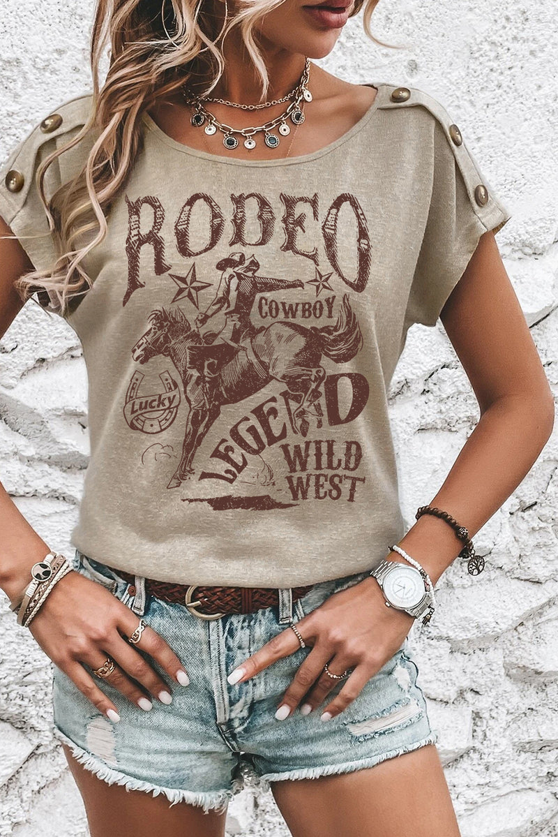 Load image into Gallery viewer, DLLS50 -Smoke Gray RODEO Cowboy Graphic Buttoned Batwing Sleeve T Shirt

