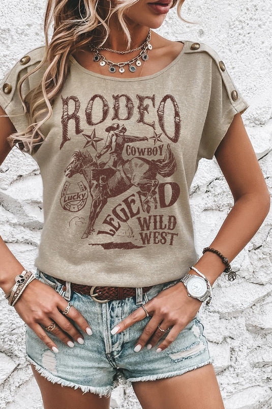 DLLS50 -Smoke Gray RODEO Cowboy Graphic Buttoned Batwing Sleeve T Shirt