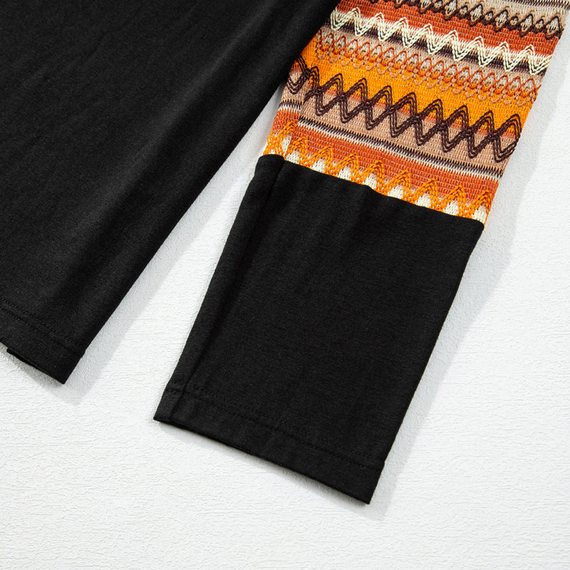 Load image into Gallery viewer, DLLS85 - Orange Geo Print Raglan Patchwork Long Sleeve Tee
