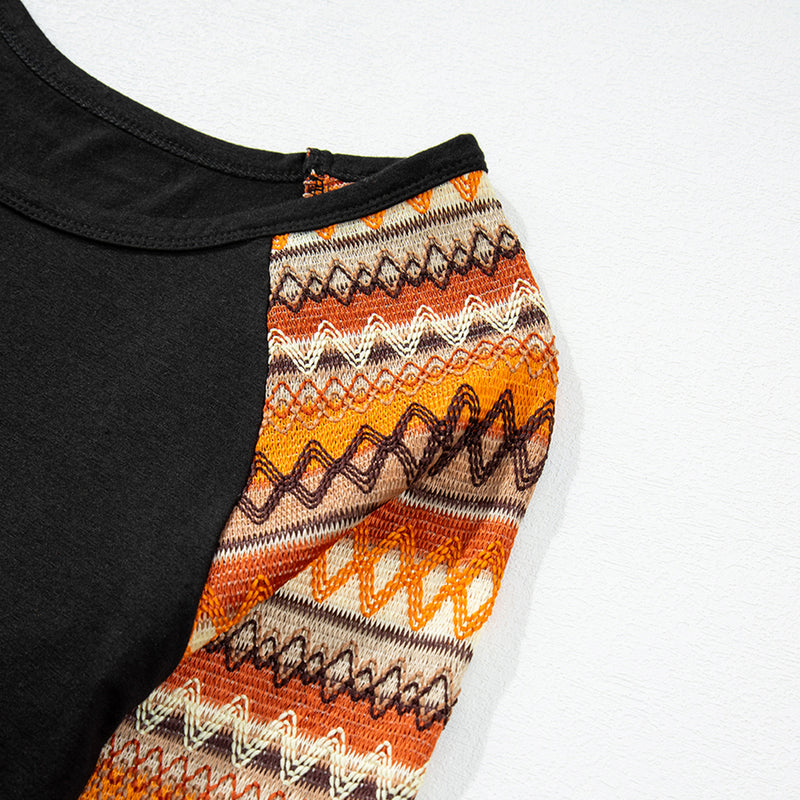 Load image into Gallery viewer, DLLS85 - Orange Geo Print Raglan Patchwork Long Sleeve Tee
