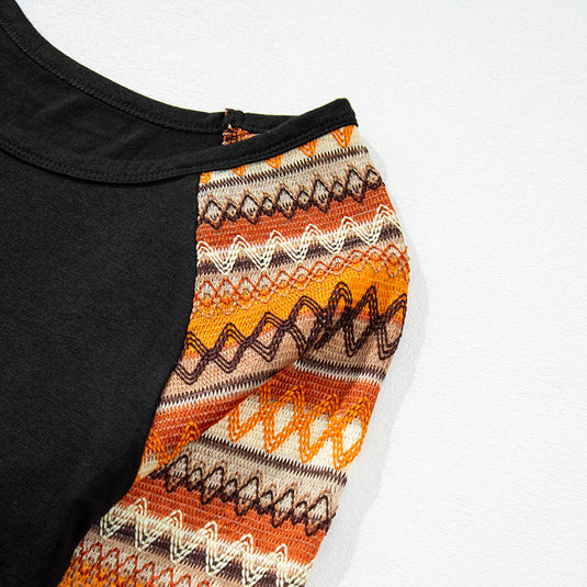 DLLS85 - Orange Geo Print Raglan Patchwork Long Sleeve Tee