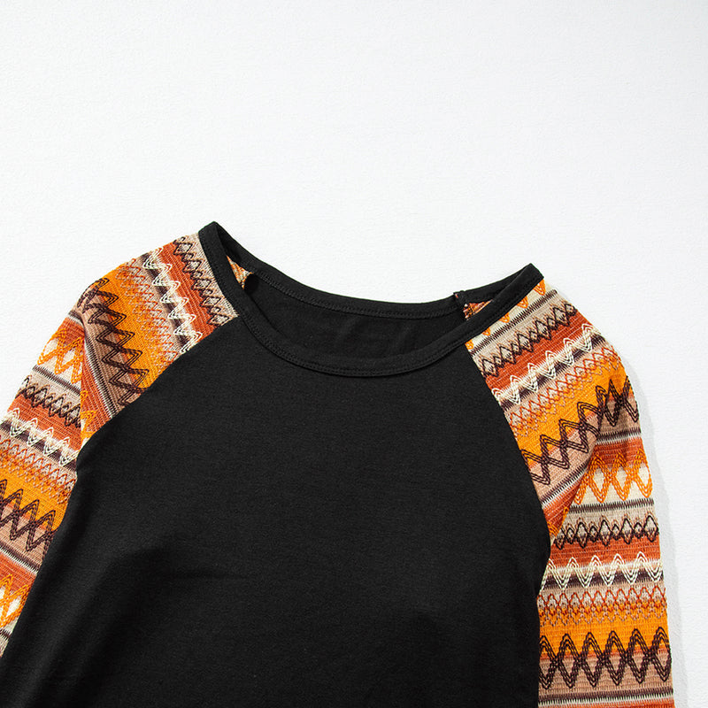 Load image into Gallery viewer, DLLS85 - Orange Geo Print Raglan Patchwork Long Sleeve Tee
