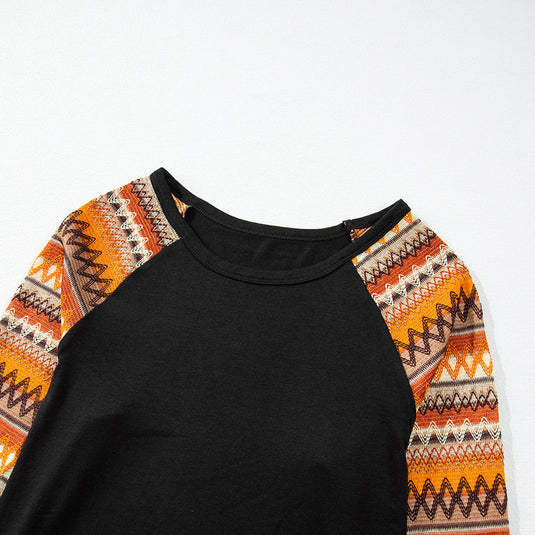 DLLS85 - Orange Geo Print Raglan Patchwork Long Sleeve Tee