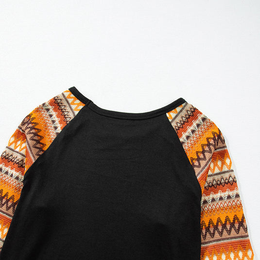 DLLS85 - Orange Geo Print Raglan Patchwork Long Sleeve Tee