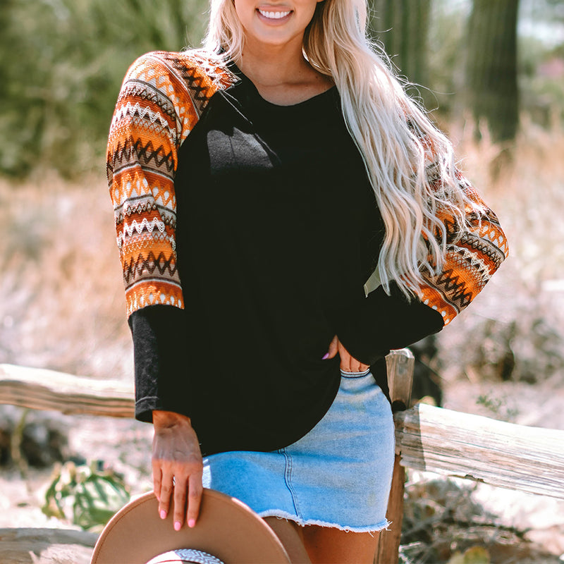 Load image into Gallery viewer, DLLS85 - Orange Geo Print Raglan Patchwork Long Sleeve Tee
