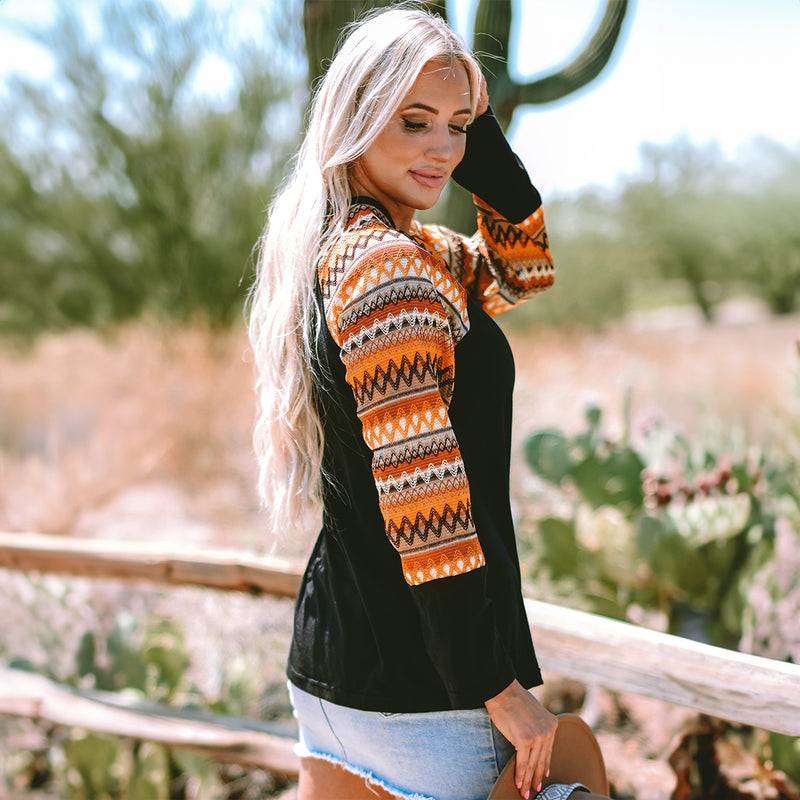 Load image into Gallery viewer, DLLS85 - Orange Geo Print Raglan Patchwork Long Sleeve Tee
