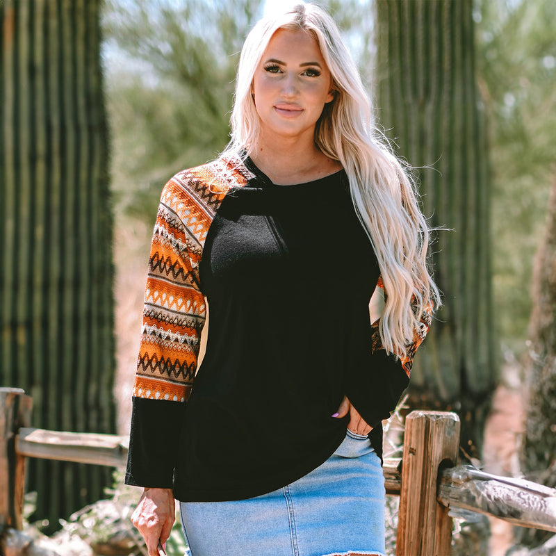 Load image into Gallery viewer, DLLS85 - Orange Geo Print Raglan Patchwork Long Sleeve Tee
