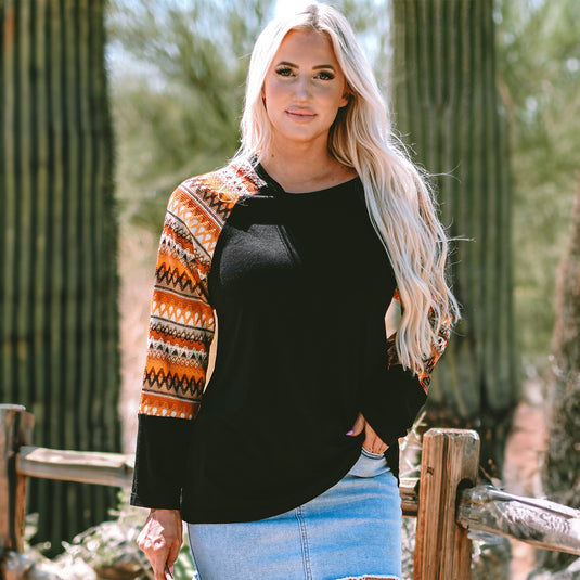 DLLS85 - Orange Geo Print Raglan Patchwork Long Sleeve Tee