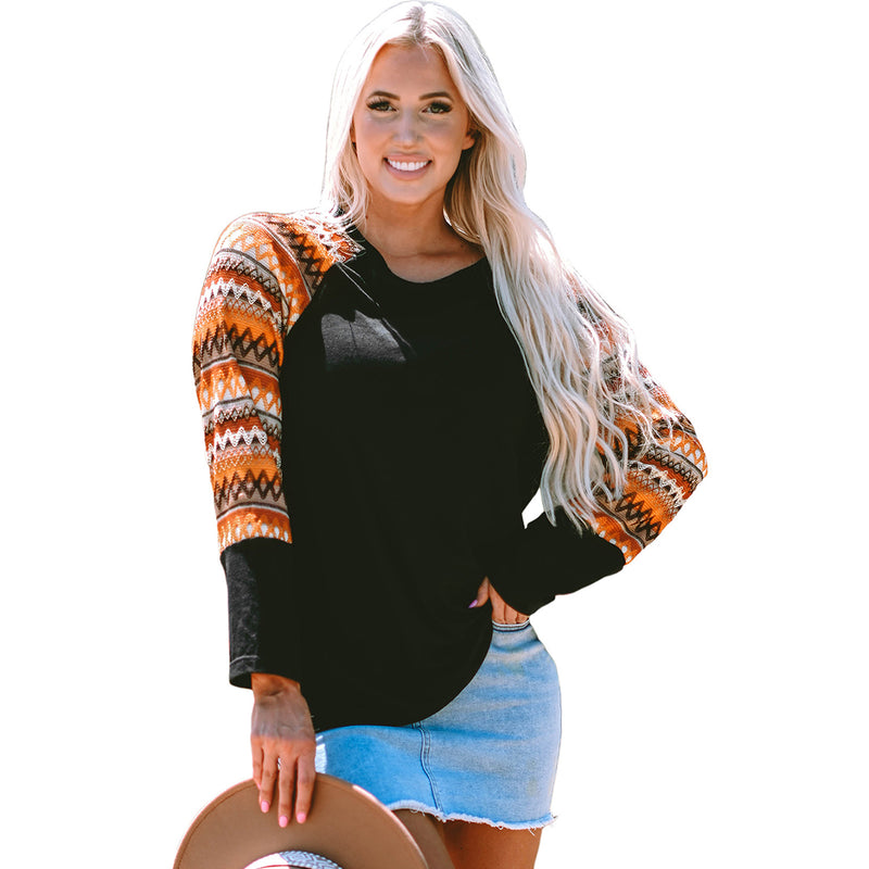 Load image into Gallery viewer, DLLS85 - Orange Geo Print Raglan Patchwork Long Sleeve Tee
