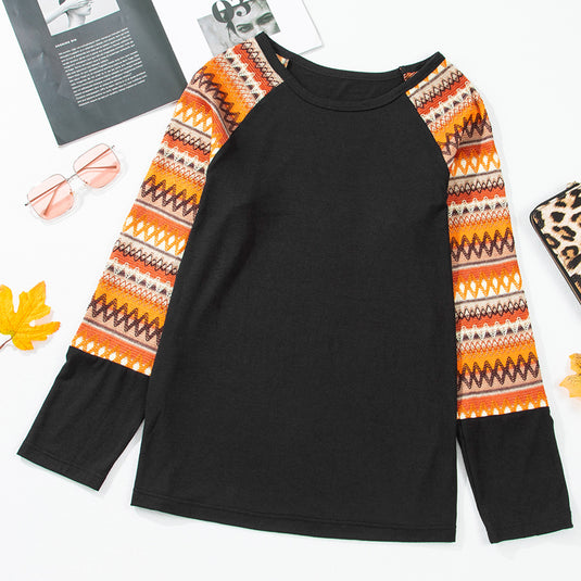 DLLS85 - Orange Geo Print Raglan Patchwork Long Sleeve Tee