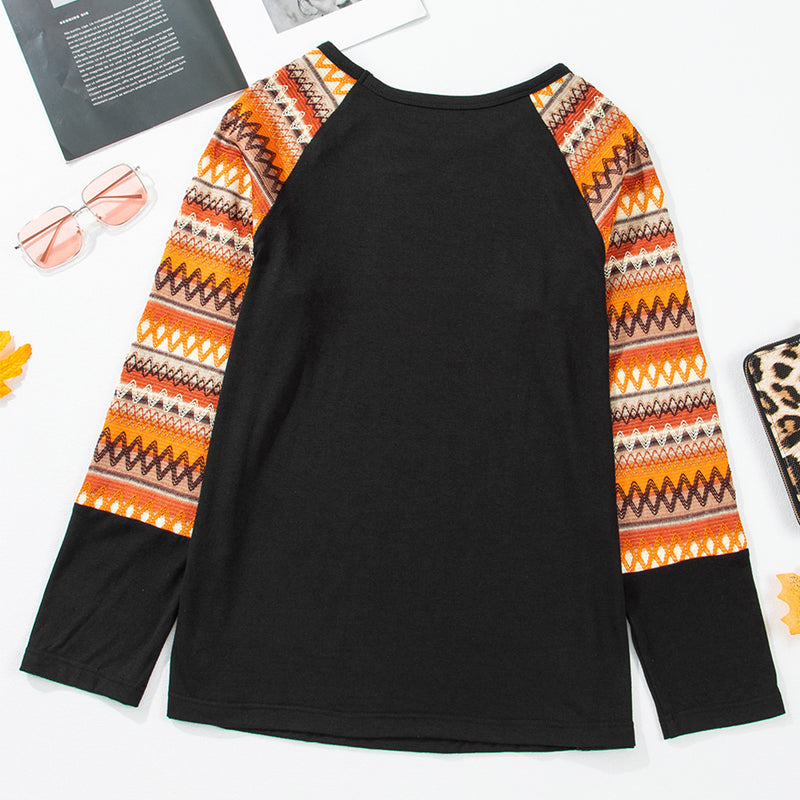 Load image into Gallery viewer, DLLS85 - Orange Geo Print Raglan Patchwork Long Sleeve Tee
