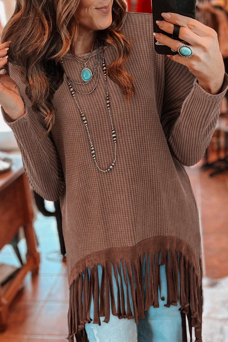 Load image into Gallery viewer, DLLS32 - Coffee Waffle Knit Fringed High Low Loose Top
