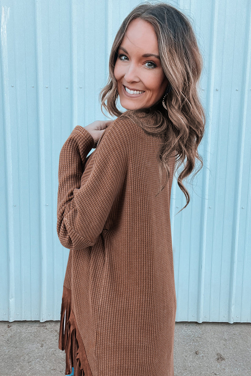 Load image into Gallery viewer, DLLS32 - Coffee Waffle Knit Fringed High Low Loose Top
