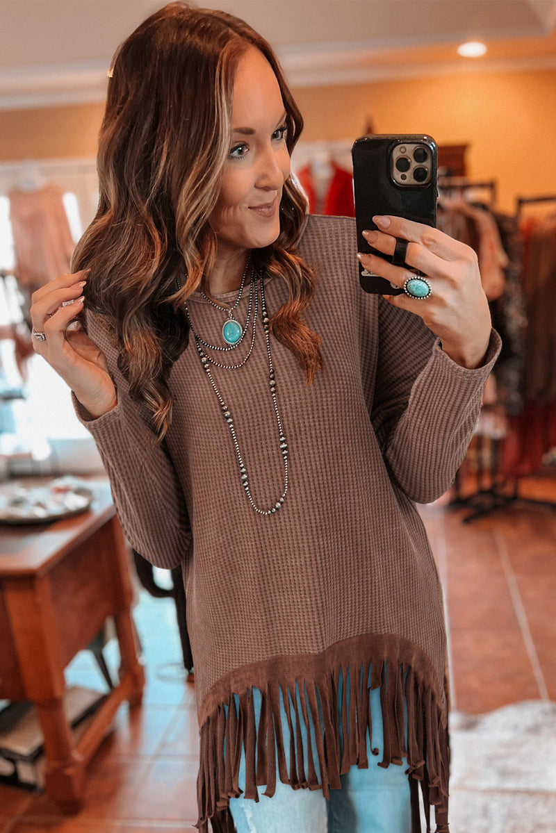 Load image into Gallery viewer, DLLS32 - Coffee Waffle Knit Fringed High Low Loose Top
