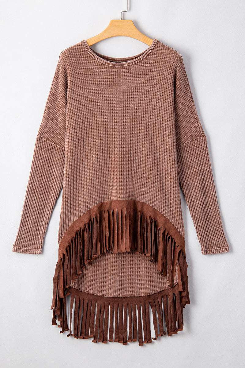 Load image into Gallery viewer, DLLS32 - Coffee Waffle Knit Fringed High Low Loose Top
