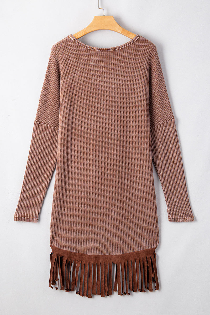 Load image into Gallery viewer, DLLS32 - Coffee Waffle Knit Fringed High Low Loose Top
