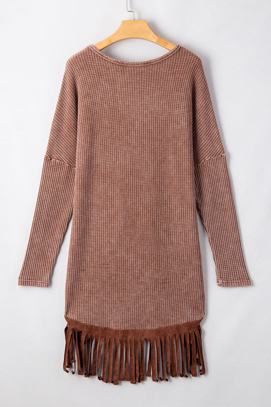 DLLS32 - Coffee Waffle Knit Fringed High Low Loose Top